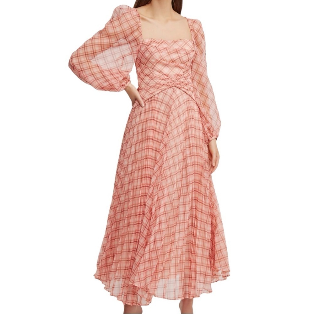 Acler Mattison Pleated Plaid Chiffon Midi Dress